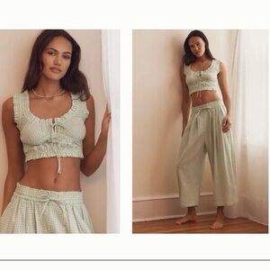 Anthropologie seersucker gingham Crop Top and wide leg crop Pants lounge Set